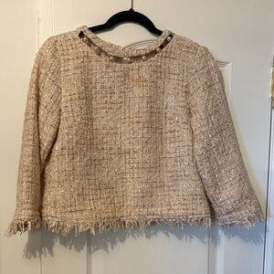 Zara Basic Cream Tweed Jacket with Pearl Details